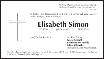 Traueranzeige von Elisabeth Simon von Pegnitz-Zeitung